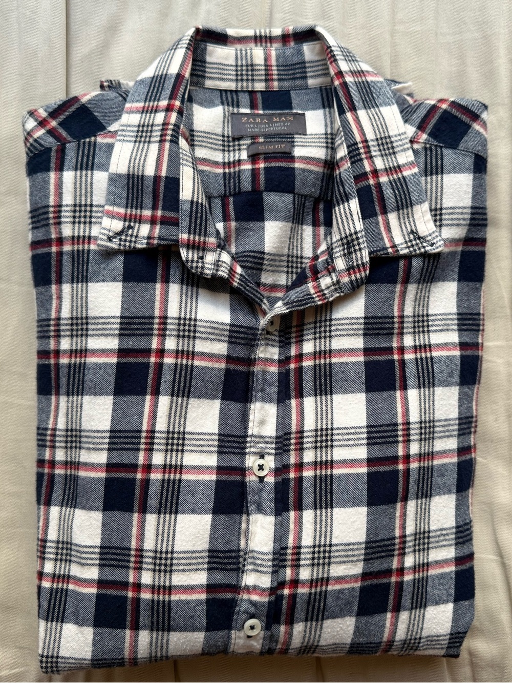 Zara Navy White and Red Plaid Button-Down Shirt